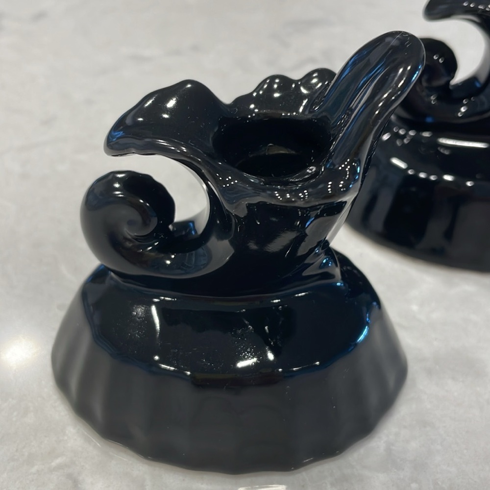 Black, glazed, ceramic, cornucopia, 2 small candlestick holders